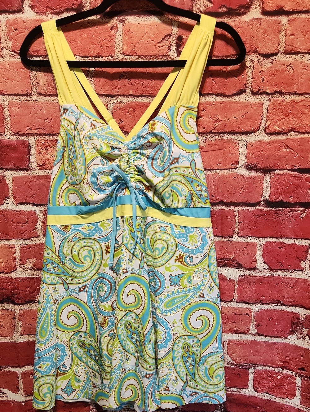 Yellow & Blue Paisley V-Neck Swim Set Cami with Adjustable Ruched Front
